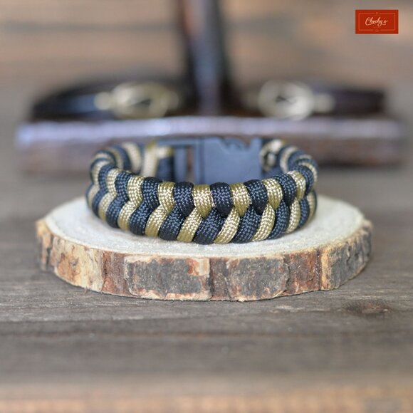 Paracord Bracelet/Survival Bracelet Side Release Buckle Black/Khaki L 8"(ID 185) - Picture 2 of 2